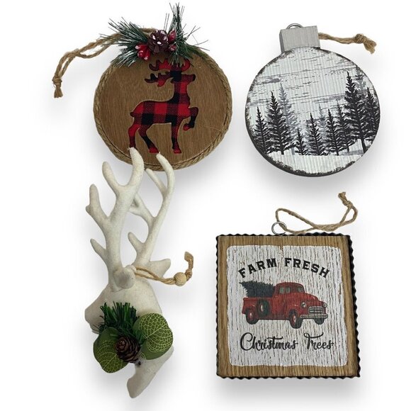 Woodland Christmas Ornaments Set of 4 Rustic Farmhouse Holiday Decor #7 - Picture 1 of 3